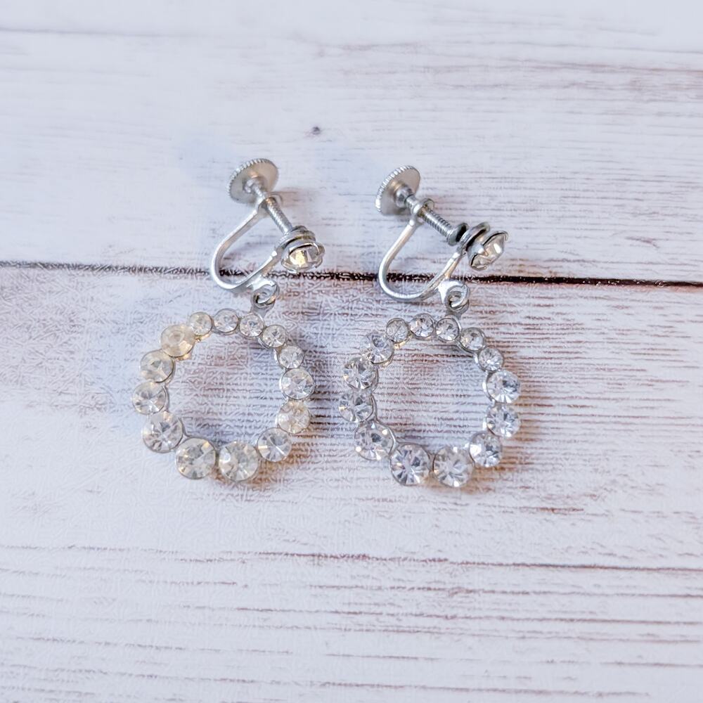 Vintage Screw Back Earrings Clear Gem Circle Dangle - Yellowing/Clouding to Gems